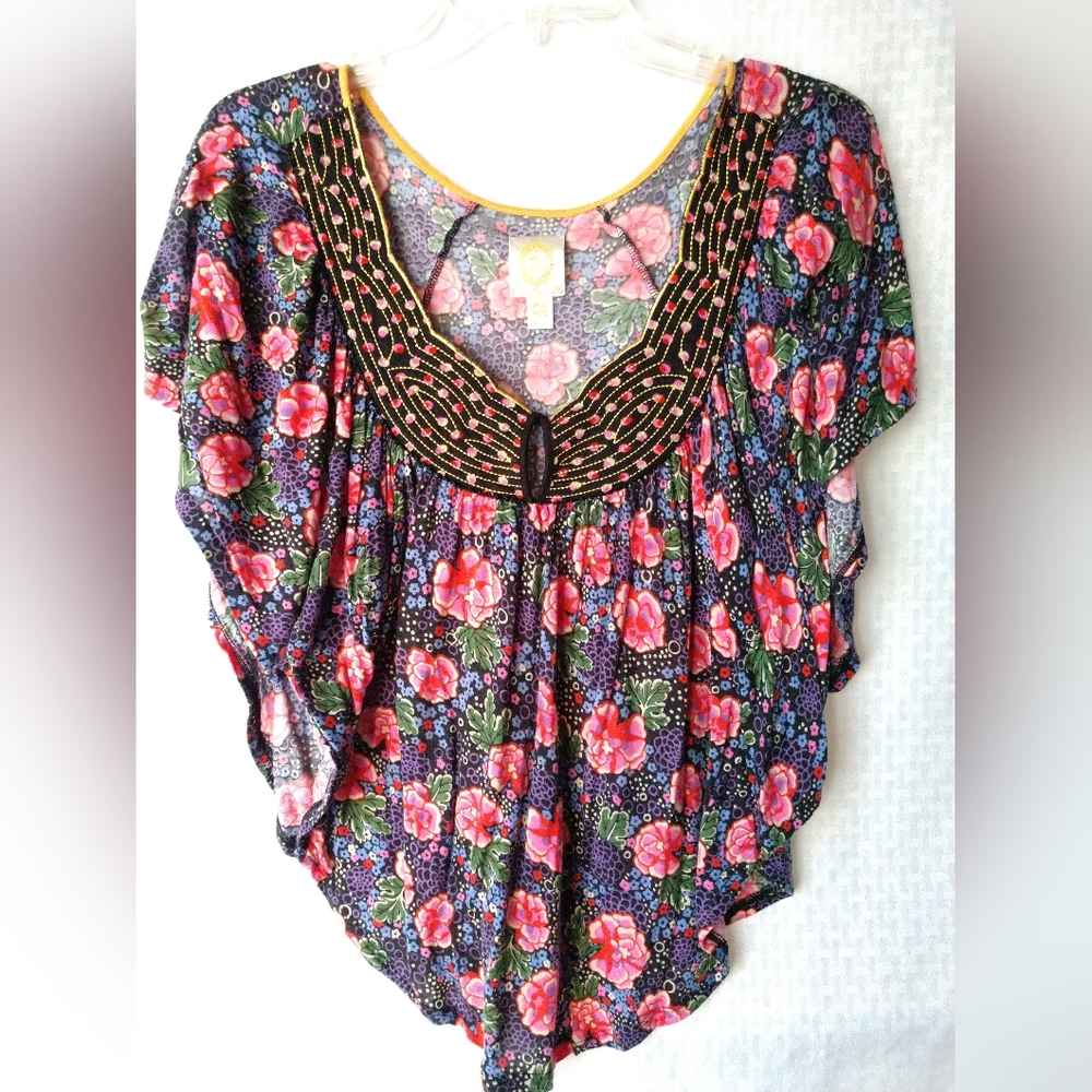 Anthropologie Rio Rao Black Pink Floral Knit Top Medium Chest 34" Boho Festival
